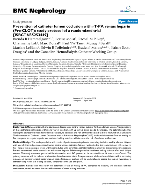 (PDF) Prevention of catheter lumen occlusion with rTPA versus heparin