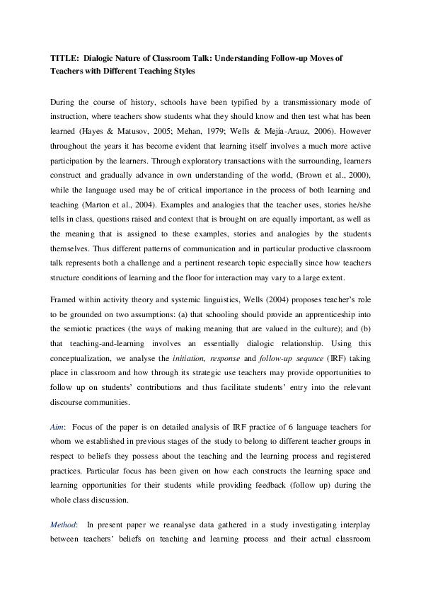 (PDF) TITLE: Dialogic Nature of Classroom Talk: Understanding Follow-up ...