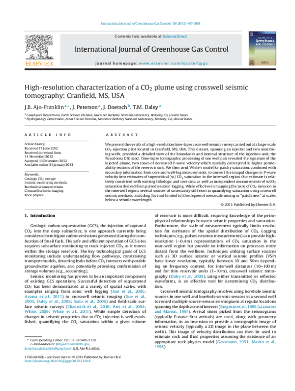 (PDF) Highresolution characterization of a CO2 plume using crosswell seismic tomography