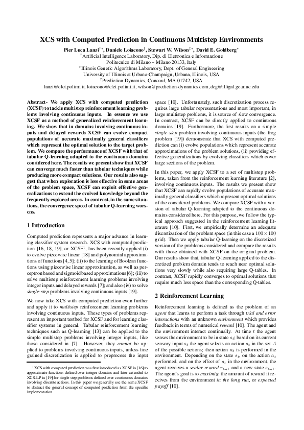 (PDF) XCS with computed prediction in continuous multistep environments