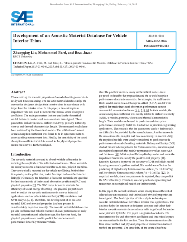 (PDF) Development of an Acoustic Material Database for Vehicle Interior Trims Reza Jazar and