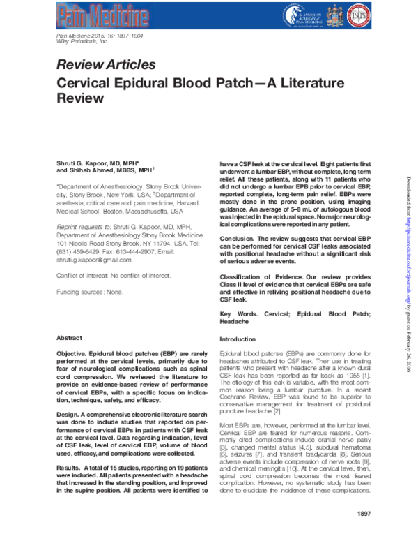 Review Articles Cervical Epidural Blood Patch—A Literature Review 혁진