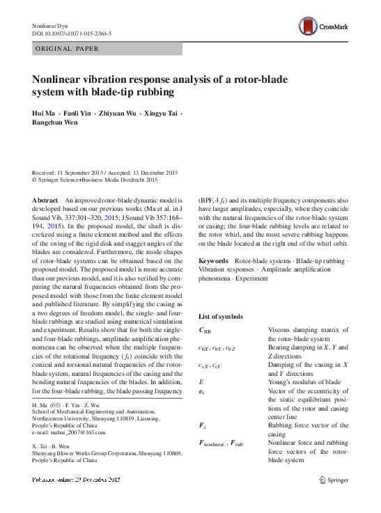 (PDF) Nonlinear vibration response analysis of a rotor-blade system ...