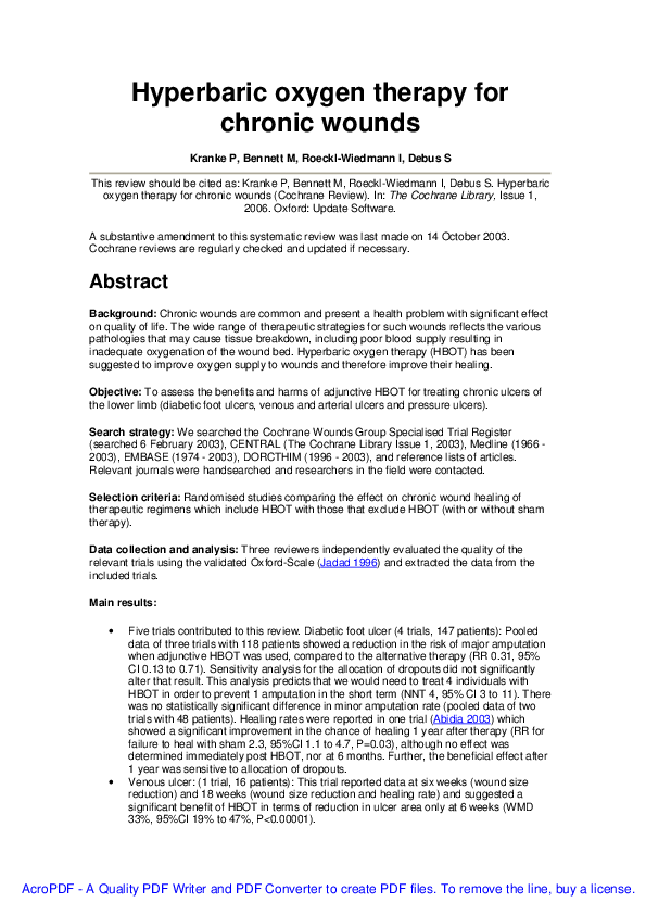 (PDF) Hyperbaric Oxygen Therapy for Chronic Wounds Peter Kranke and