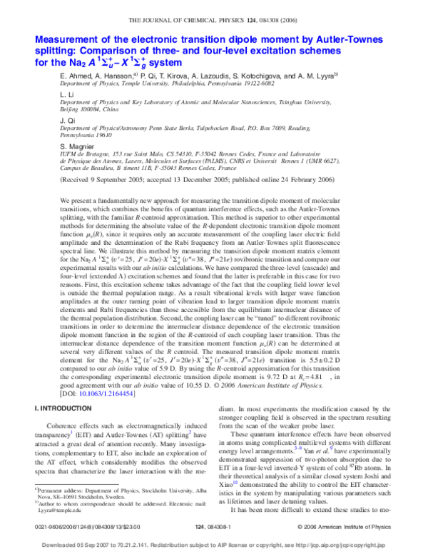 (PDF) Measurement of the electronic transition dipole moment by Autler ...