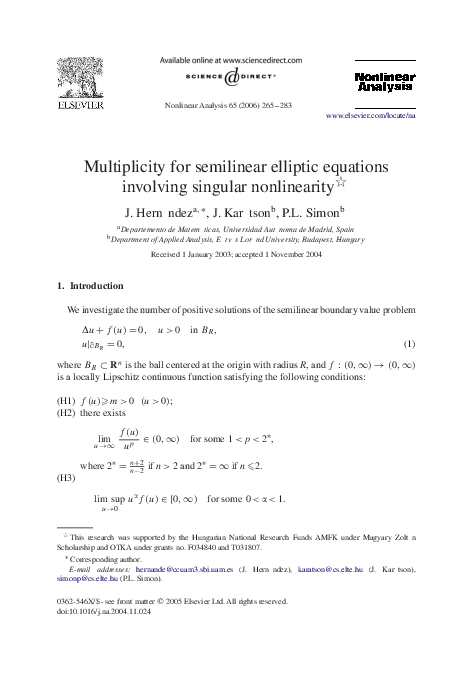 (PDF) Multiplicity for semilinear elliptic equations involving singular ...