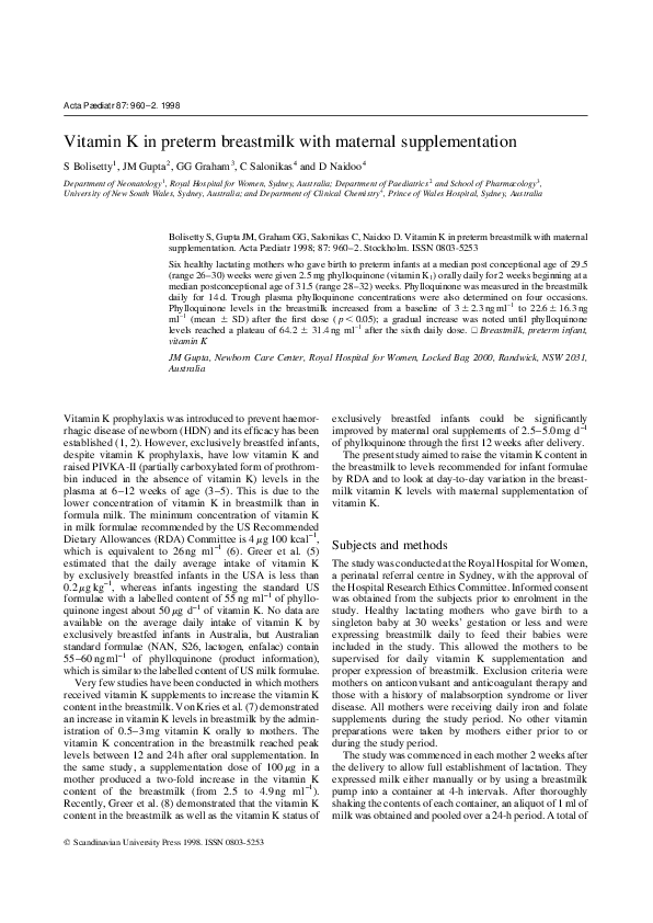 (PDF) Vitamin K in preterm breastmilk with maternal supplementation