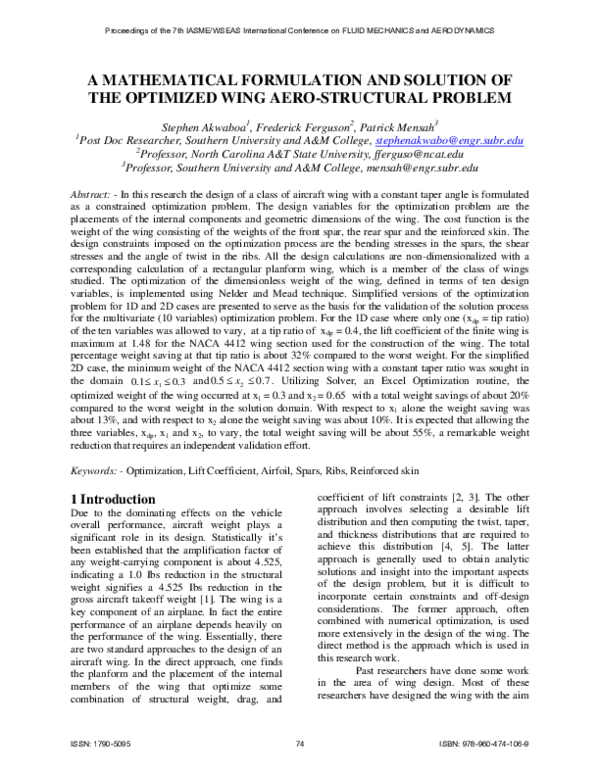 (PDF) A Mathematical Formulation and Solution of the Optimized Wing ...
