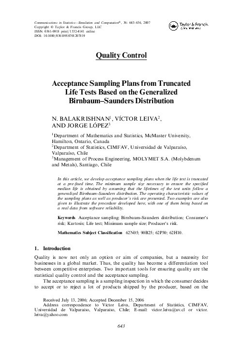 (PDF) Acceptance Sampling Plans from Truncated Life Tests Based on the ...