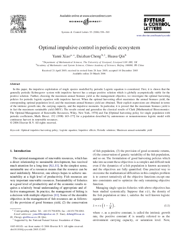 (PDF) Optimal impulsive control in periodic ecosystem
