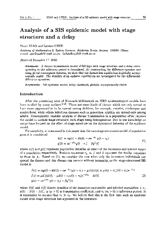 (PDF) Analysis of a SIS epidemic model with stage structure and a delay