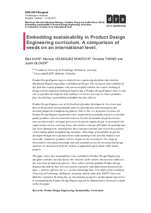 (PDF) Embedding sustainability in Product Design Engineering curriculum ...