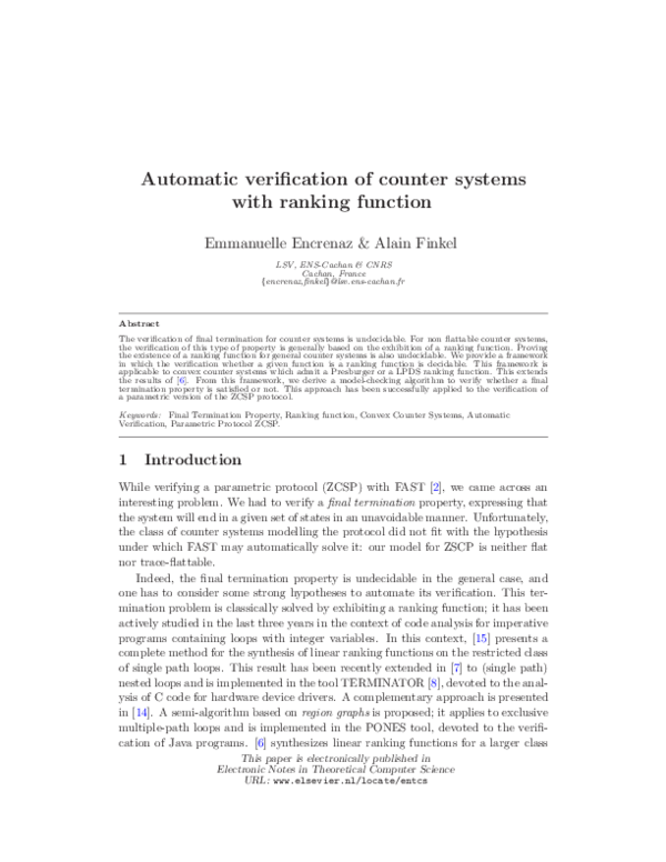 (PDF) Automatic Verification of Counter Systems With Ranking Function