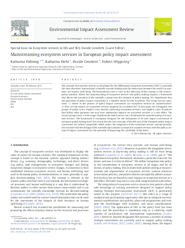 (PDF) Mainstreaming ecosystem services in European policy impact assessment