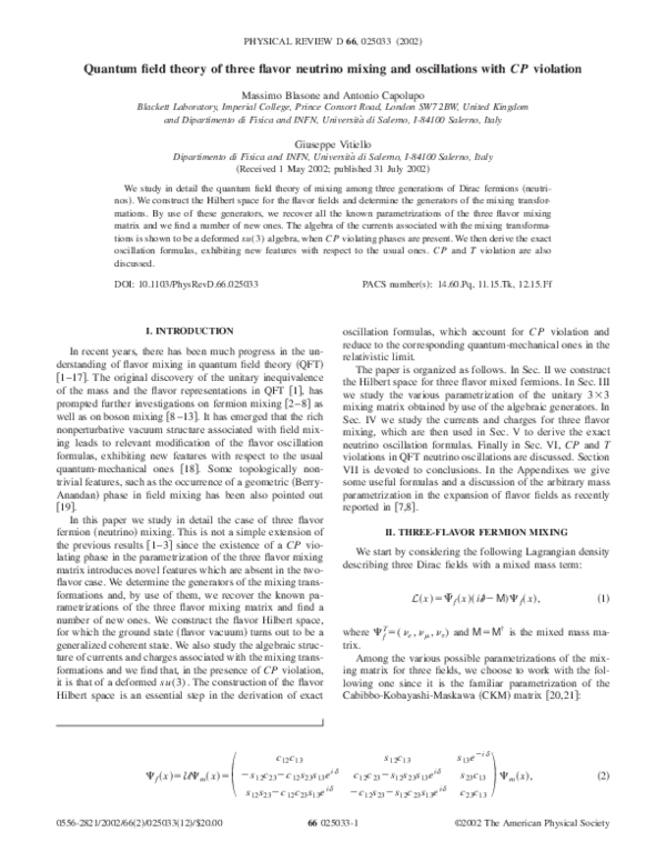 (PDF) Quantum field theory of three flavor neutrino mixing and ...