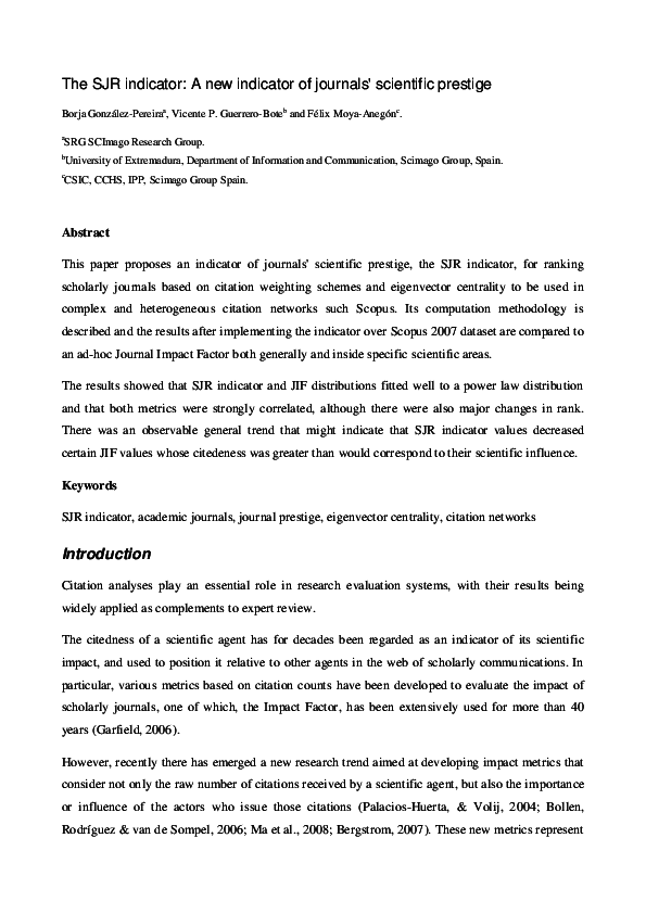 (PDF) The SJR indicator: A new indicator of journals' scientific prestige