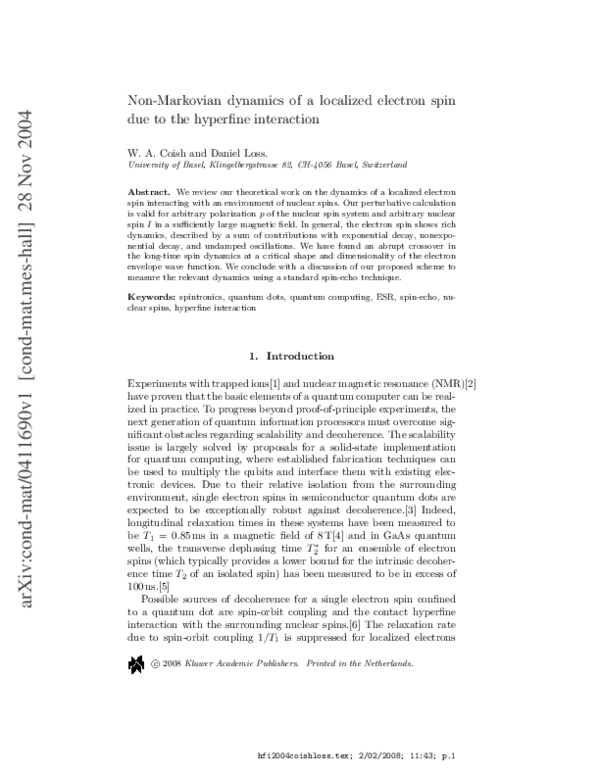(PDF) Non-Markovian Dynamics of a Localized Electron Spin Due to the ...