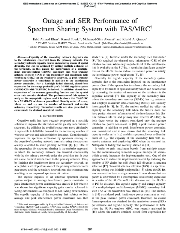 (PDF) Outage and SER performance of spectrum sharing system with TAS/MRC