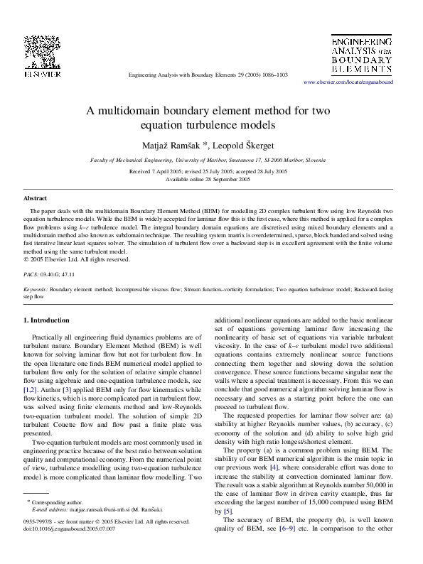 (PDF) A multidomain boundary element method for two equation turbulence ...