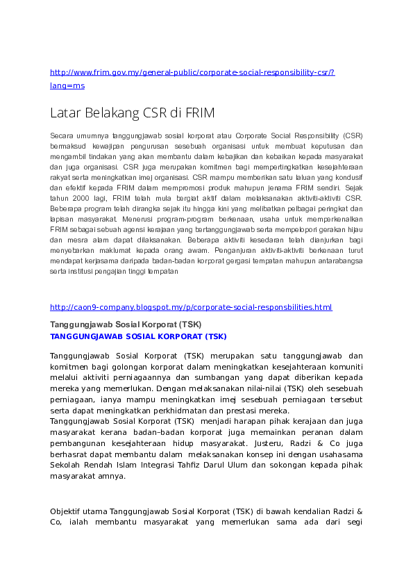 Doc Latar Belakang Csr Di Frim Tanggungjawab Sosial Korporat Tsk Nora Sikin Academia Edu