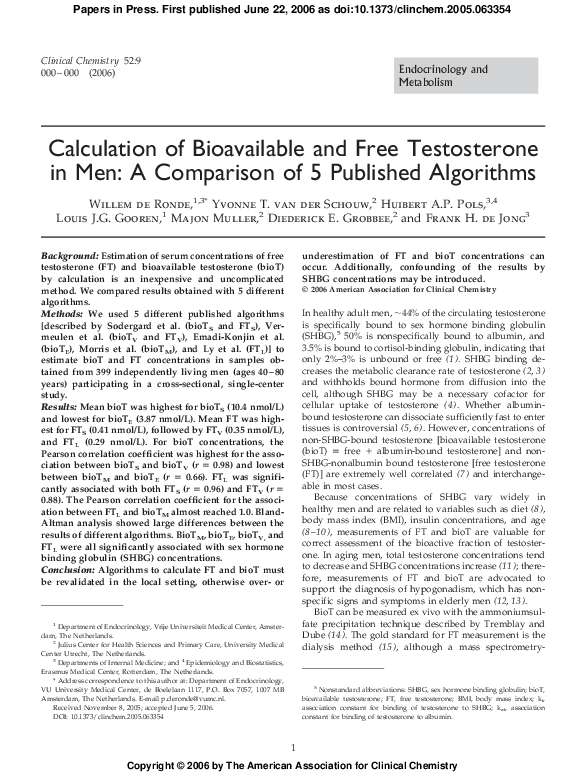 (PDF) Calculation of Bioavailable and Free Testosterone in Men: A ...