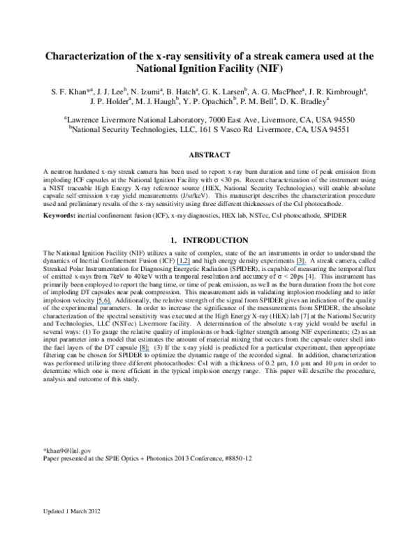 (PDF) Characterization of the x-ray sensitivity of a streak camera used ...