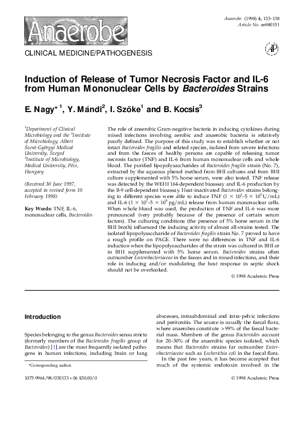 (PDF) Induction of release of tumor necrosis factor and IL-6 from human ...