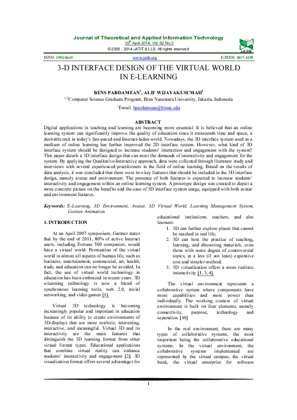 (PDF) 3-D Interface Design of the Virtual World in E-Learning