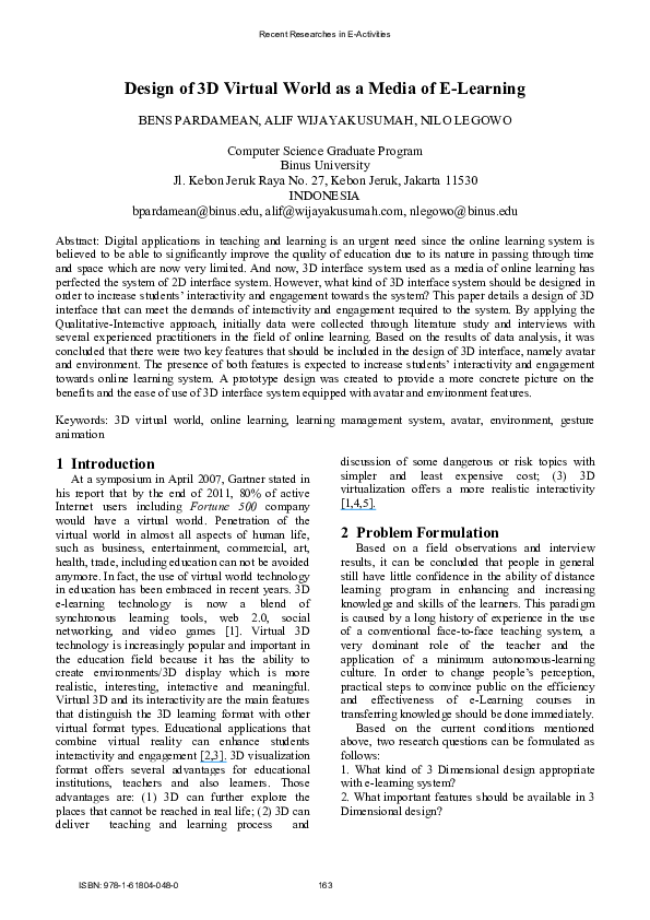 (PDF) Design of 3D virtual world as a media of E-learning