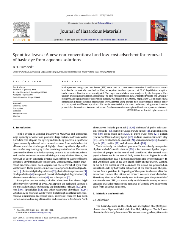 (PDF) Spent tea leaves: A new non-conventional and low-cost adsorbent ...