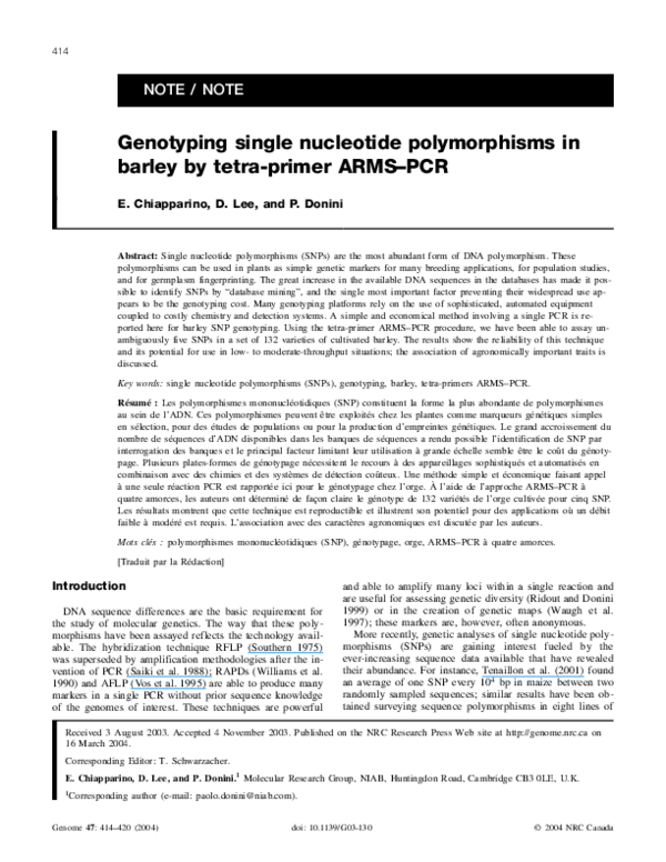 (PDF) Genotyping single nucleotide polymorphisms in barley by tetra ...