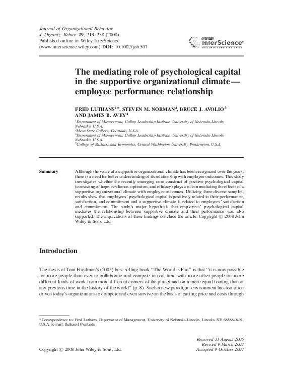 (PDF) The mediating role of psychological capital in the supportive ...