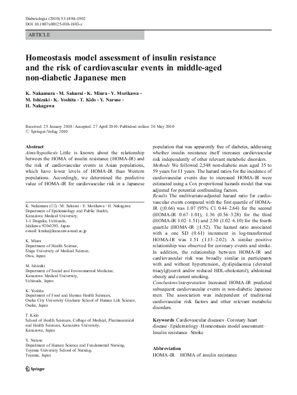 (PDF) Homeostasis model assessment of insulin resistance and the risk ...