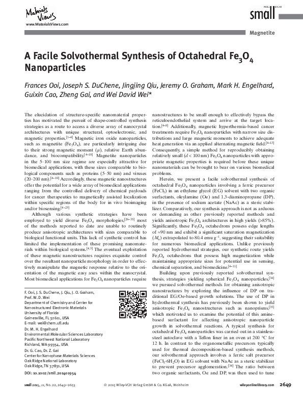 (PDF) A Facile Solvothermal Synthesis of Octahedral Fe3 O4 Nanoparticles
