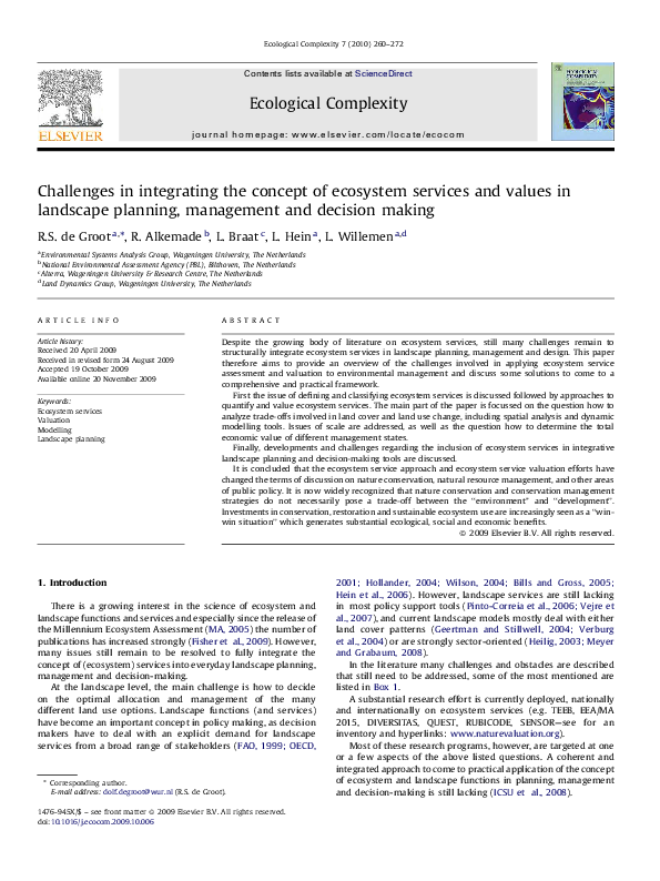(PDF) Challenges in integrating the concept of ecosystem services and ...