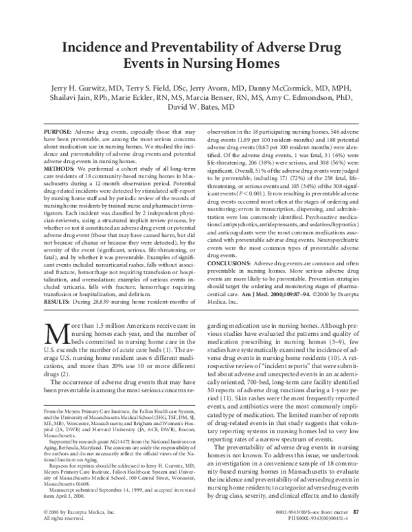 (PDF) Incidence and preventability of adverse drug events in nursing homes