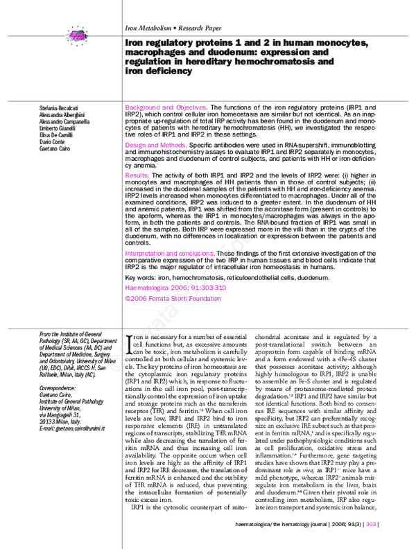 (PDF) Iron regulatory proteins 1 and 2 in human monocytes, macrophages ...
