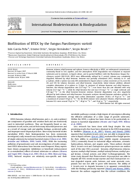 (PDF) Biofiltration of BTEX by the fungus Paecilomyces variotii