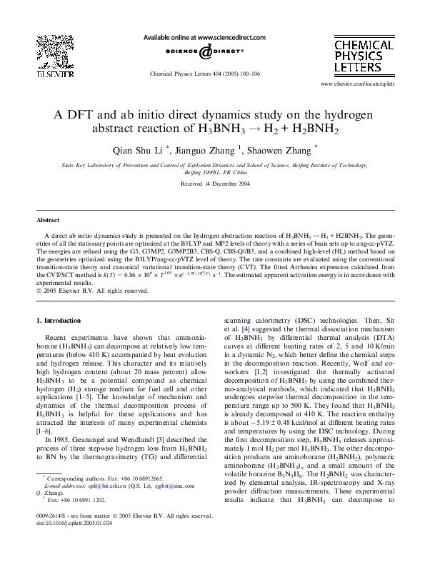 (PDF) A DFT and ab initio direct dynamics study on the hydrogen ...