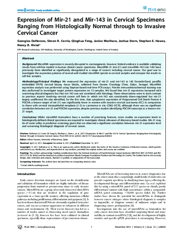 (PDF) Expression of Mir-21 and Mir-143 in Cervical Specimens Ranging ...