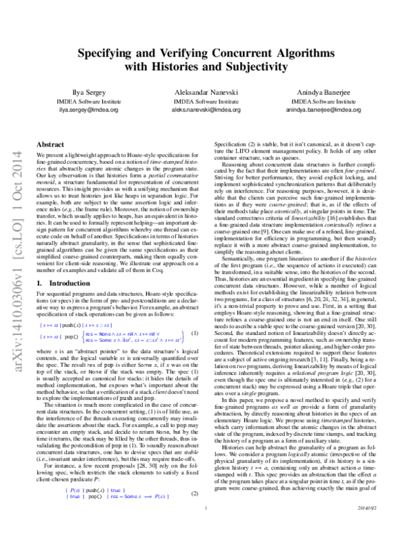(PDF) Specifying and Verifying Concurrent Algorithms with Histories and ...