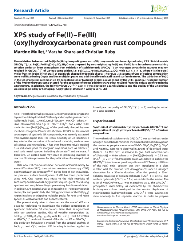 (PDF) XPS study of Fe(II) Fe(III) (oxy)hydroxycarbonate green rust ...