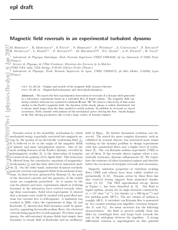 (PDF) Magnetic field reversals in an experimental turbulent dynamo