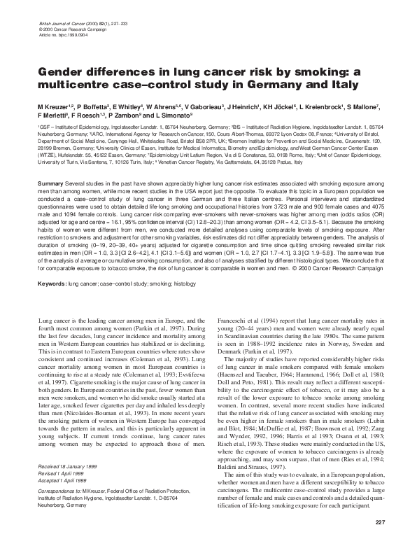 (PDF) Gender differences in lung cancer risk by smoking: a multicentre ...