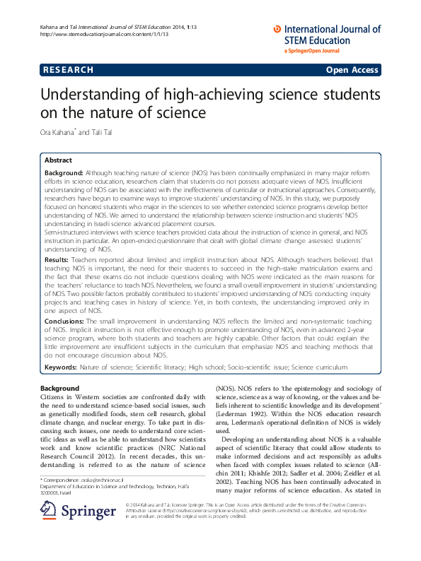 (PDF) Understanding of highachieving science students on the nature of