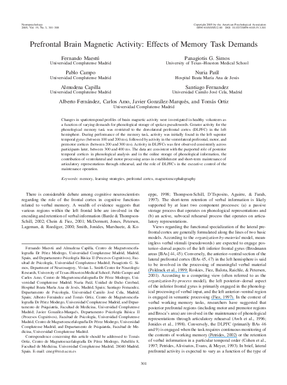 (PDF) Prefrontal Brain Magnetic Activity: Effects of Memory Task Demands