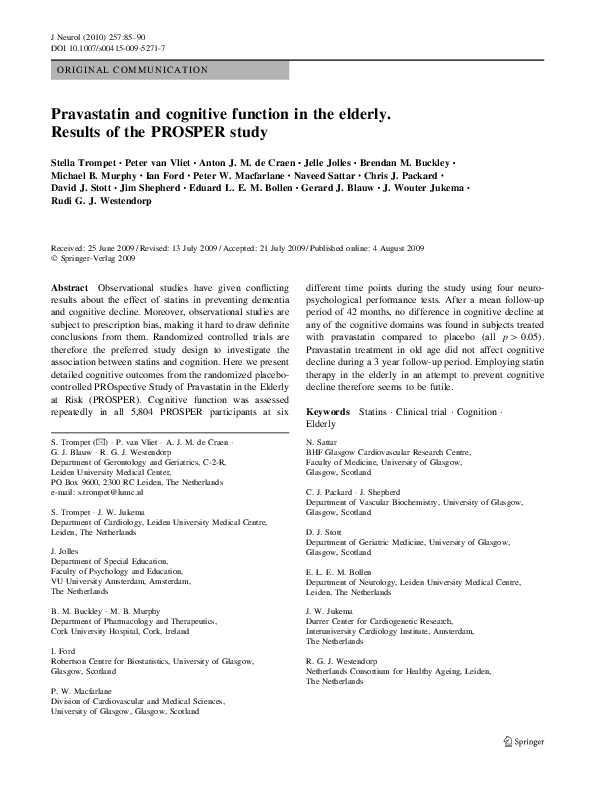 (PDF) Pravastatin and cognitive function in the elderly. Results of the ...