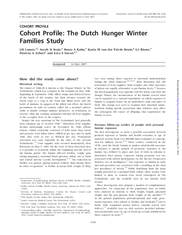 (PDF) Cohort Profile: The Dutch Hunger Winter Families Study