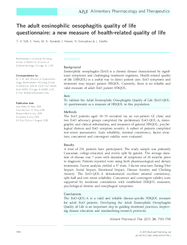 (PDF) The adult eosinophilic oesophagitis quality of life questionnaire ...