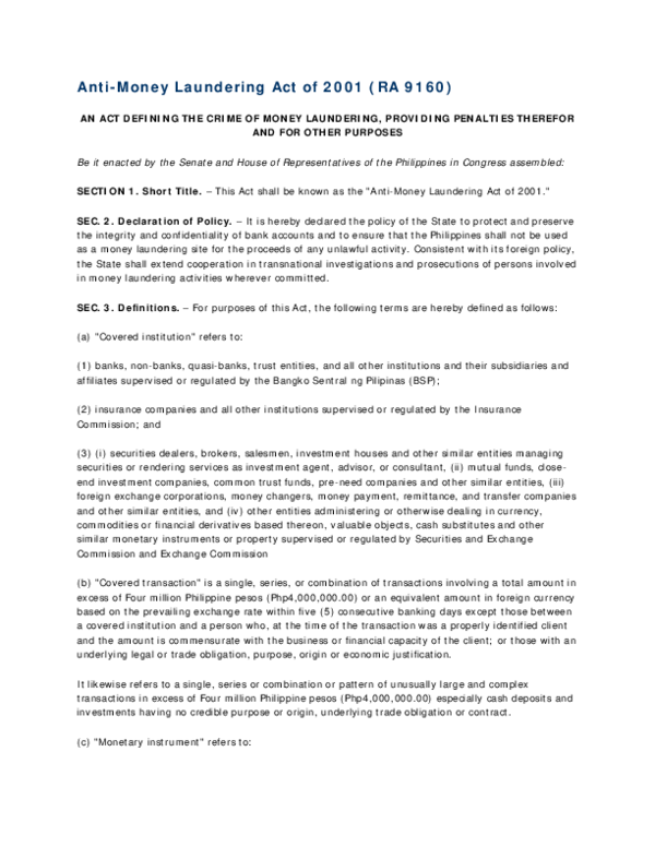 (PDF) Anti-Money Laundering Act of 2001 (RA 9160) AN ACT DEFINING THE ...